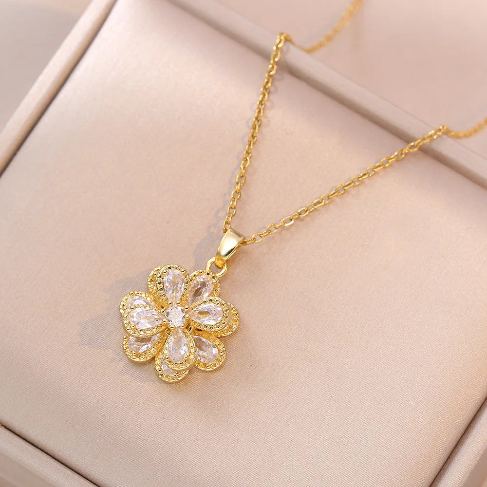 Light Luxury Spin Zircon Flower Pendant Necklace for Women Gold Color Quality High Sense Chain Necklaces Party Jewelry Gifts