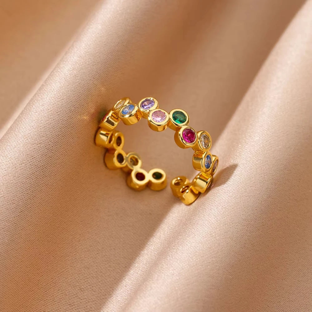 Colorful Zircon Rings For Women Gold Color Stainless Steel Colored Cubic Zirconia Ring Luxury Fashion Wedding Party Jewelry Gift