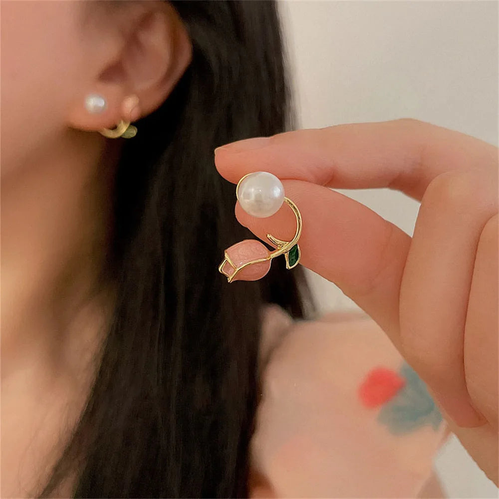 Rhinestone Pearl Earrings for Women Girl Geometry Handcrafted Micro Paved Flower Heart Stud Earring Jewelry