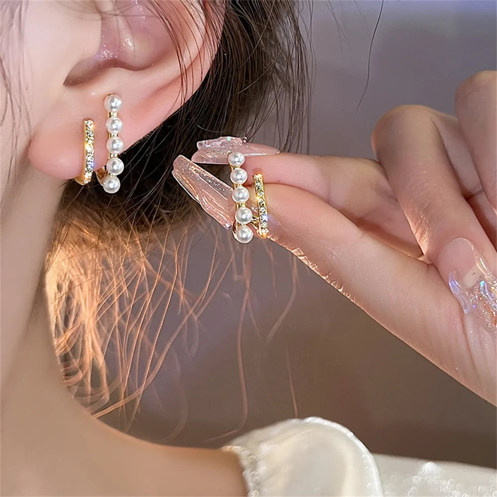 Rhinestone Pearl Earrings for Women Girl Geometry Handcrafted Micro Paved Flower Heart Stud Earring Jewelry