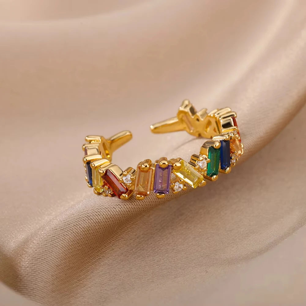 Colorful Zircon Rings For Women Gold Color Stainless Steel Colored Cubic Zirconia Ring Luxury Fashion Wedding Party Jewelry Gift