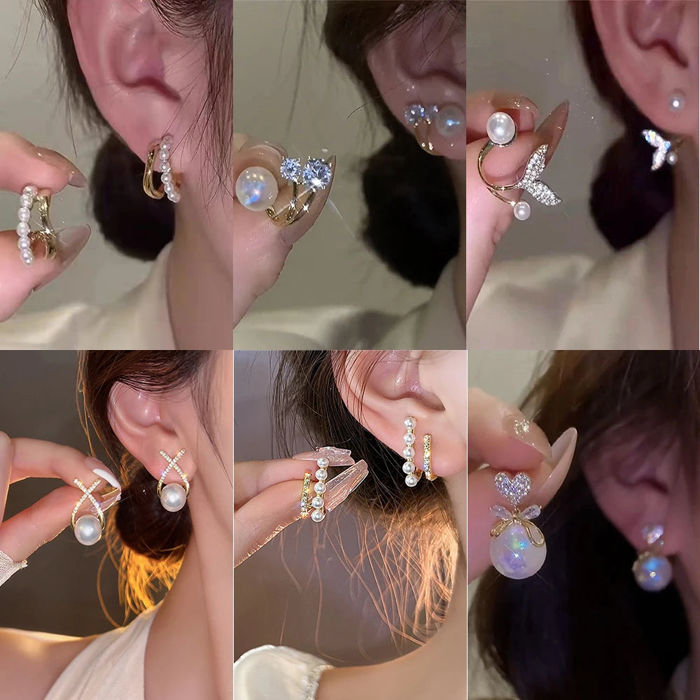 Rhinestone Pearl Earrings for Women Girl Geometry Handcrafted Micro Paved Flower Heart Stud Earring Jewelry