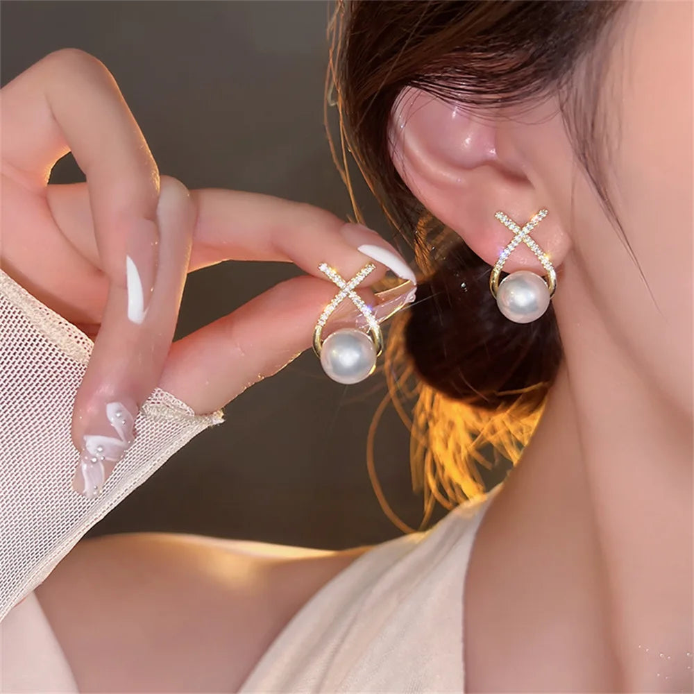 Rhinestone Pearl Earrings for Women Girl Geometry Handcrafted Micro Paved Flower Heart Stud Earring Jewelry