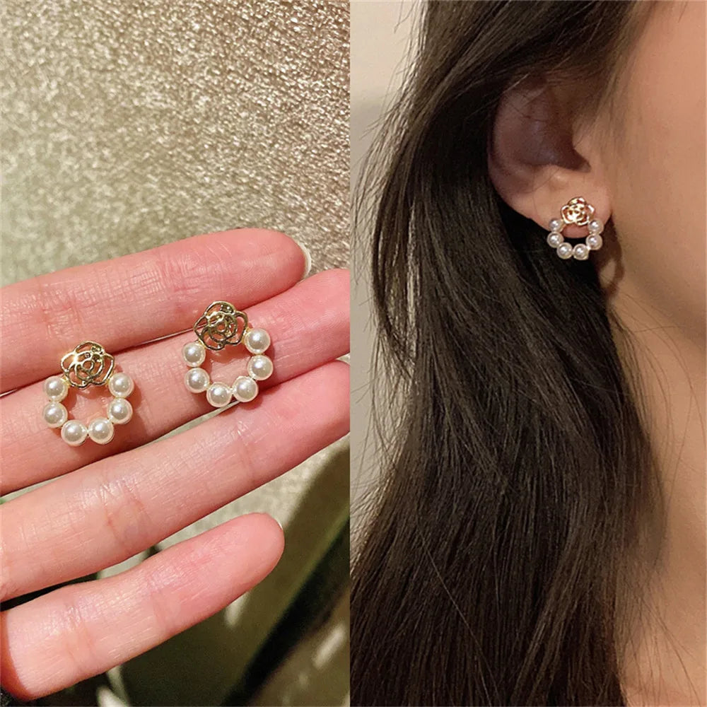 Rhinestone Pearl Earrings for Women Girl Geometry Handcrafted Micro Paved Flower Heart Stud Earring Jewelry