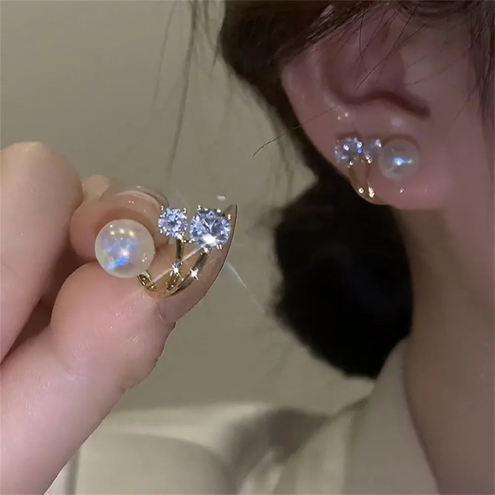 Rhinestone Pearl Earrings for Women Girl Geometry Handcrafted Micro Paved Flower Heart Stud Earring Jewelry