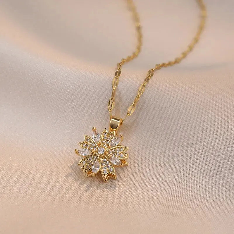 Light Luxury Spin Zircon Flower Pendant Necklace for Women Gold Color Quality High Sense Chain Necklaces Party Jewelry Gifts