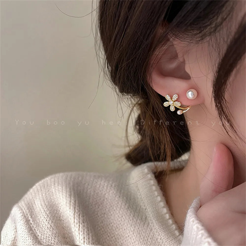 Rhinestone Pearl Earrings for Women Girl Geometry Handcrafted Micro Paved Flower Heart Stud Earring Jewelry