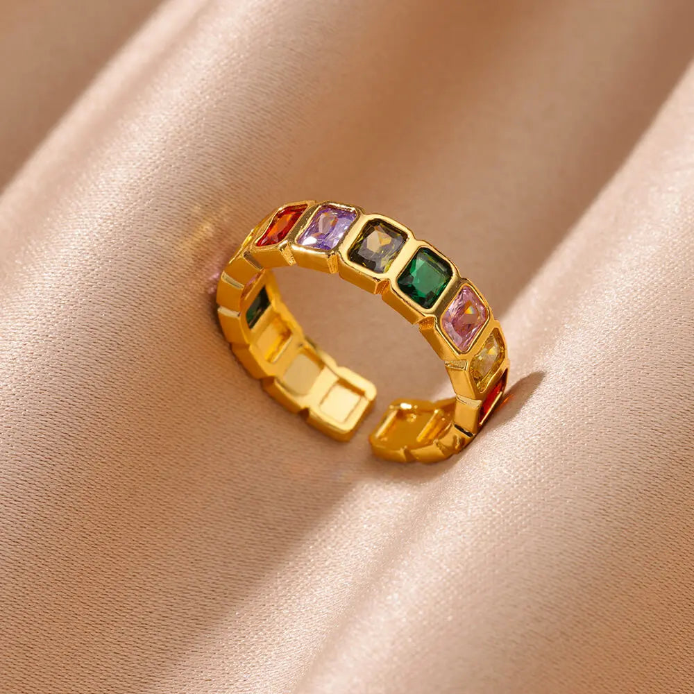 Colorful Zircon Rings For Women Gold Color Stainless Steel Colored Cubic Zirconia Ring Luxury Fashion Wedding Party Jewelry Gift